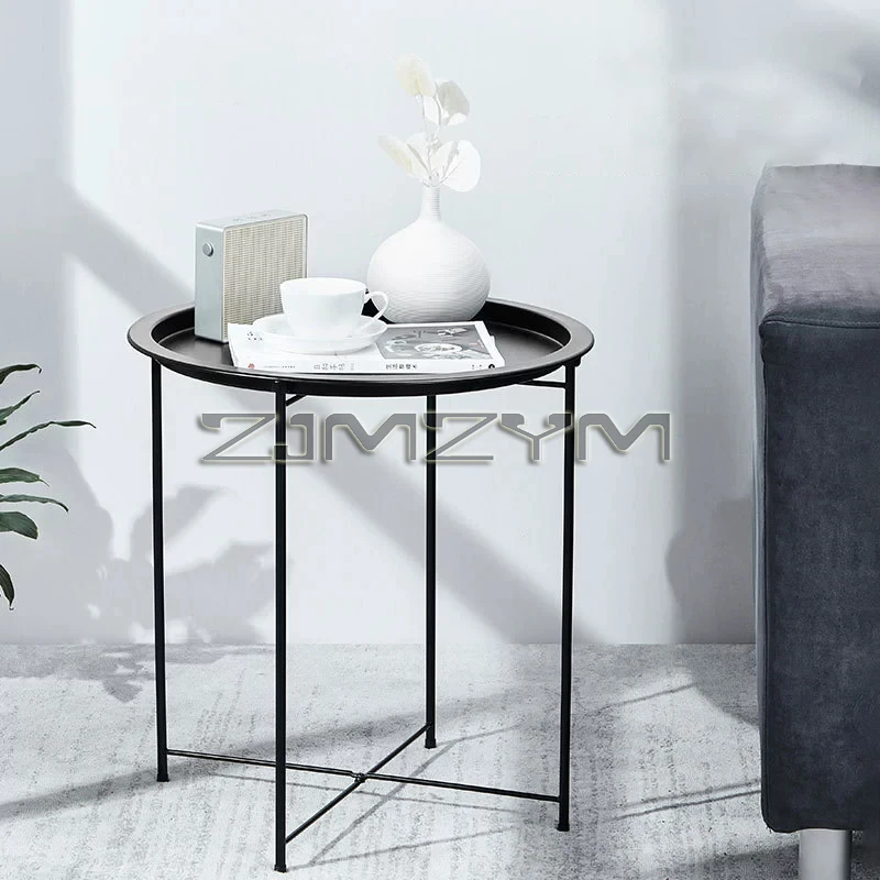 Mesa auxiliar redonda con bandeja, mesa esquinera plegable, mesa auxiliar de té, mesa pequeña portátil para barbacoa y acampada