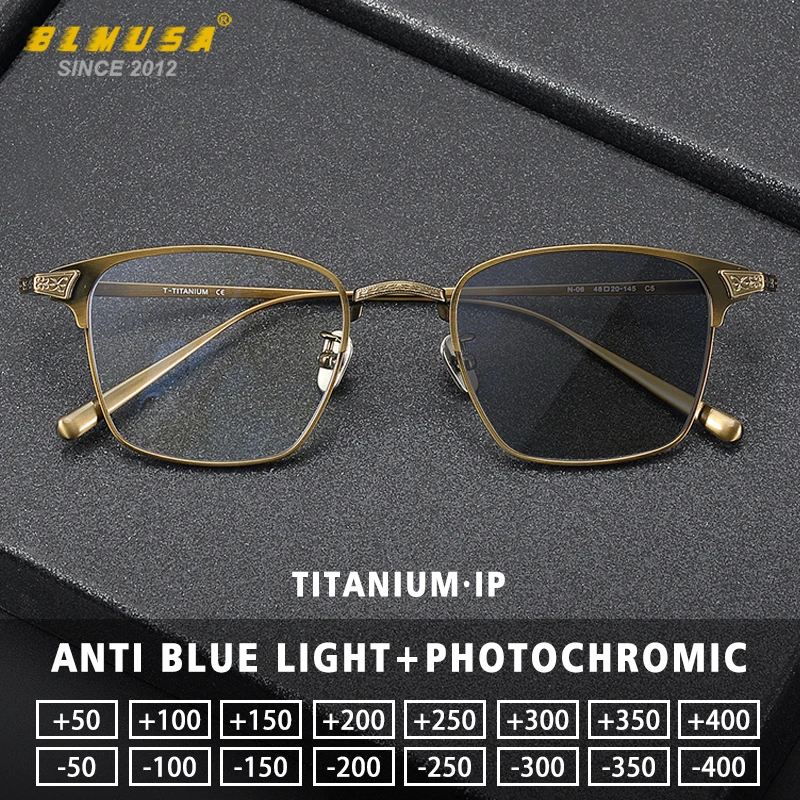 

BLMUSA 2025 Pure Titanium Photochromic Eyewear Anti Blue Light Retro Reading Glasses Men Myopia Prescription Customized Glasses