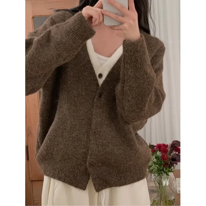 Paresseux Sle couleur Blo tricots Cardigan femmes coupe ample pull décontracté 2025 hiver nouveauté fibre de Polyester 00%