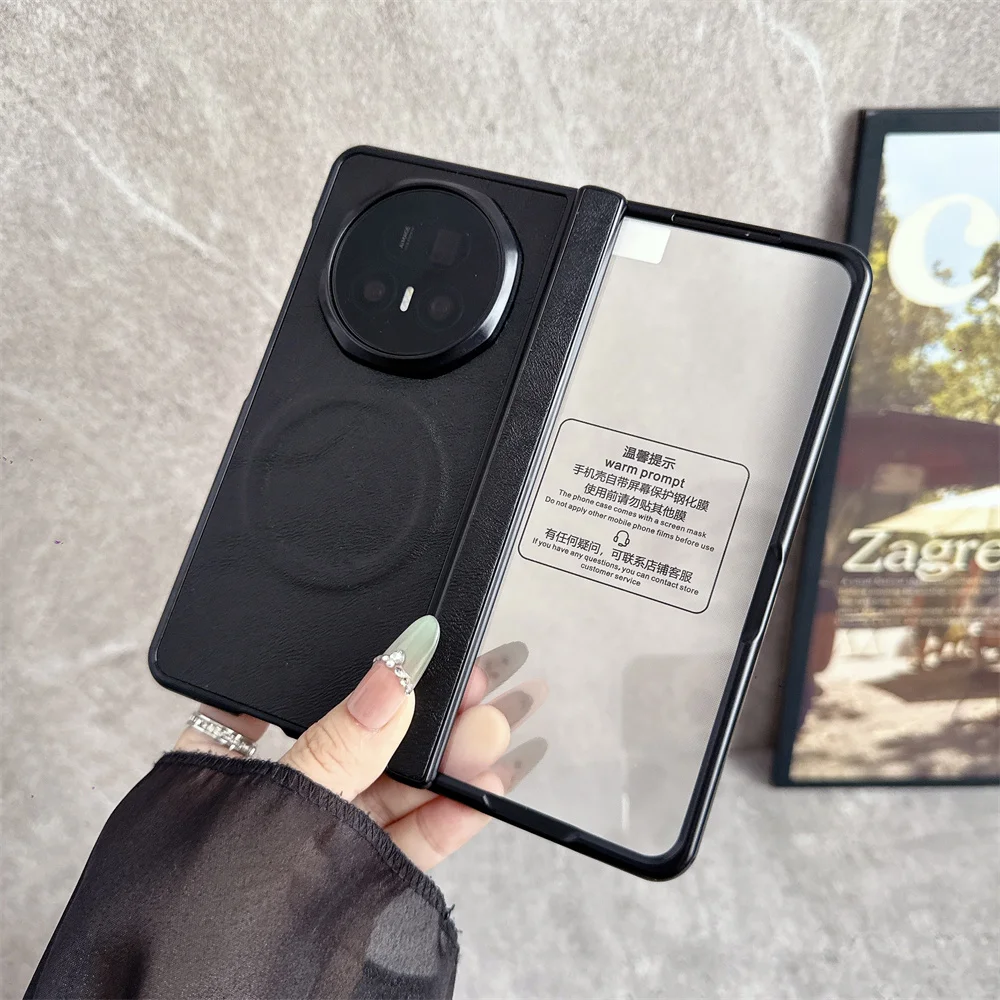 For Honor Magic V5 Phone Case Front Protection Film Hinge Magnetic Wireless Charger PC Hard Shell Fashion Leather Back Cover