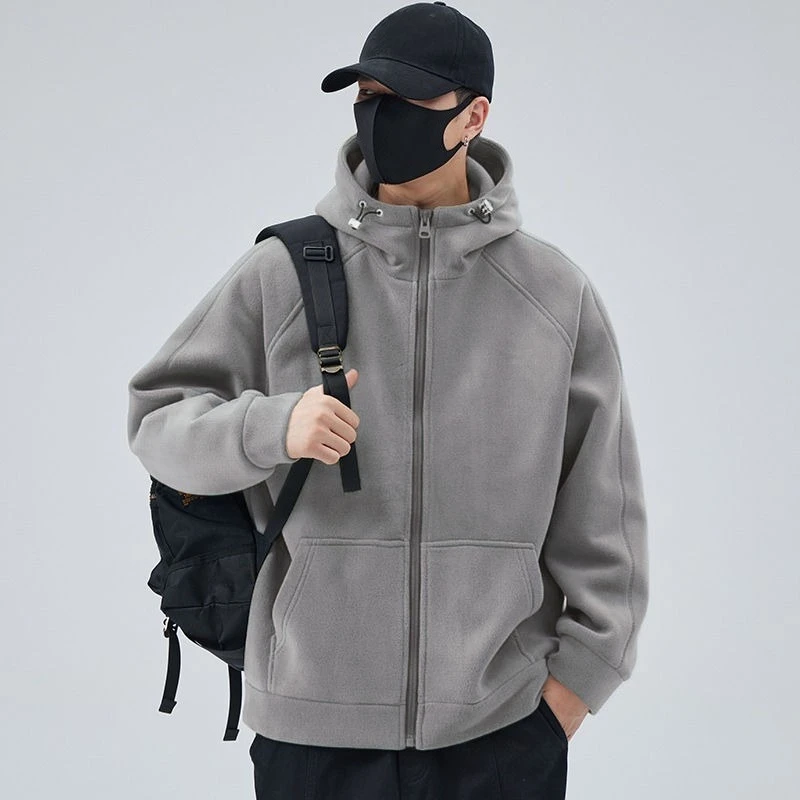 

Solid Color Korean Style Men's Fleece Hooded Zip Up Sweatshirt Thickened Lined for Spring Autumn Winter