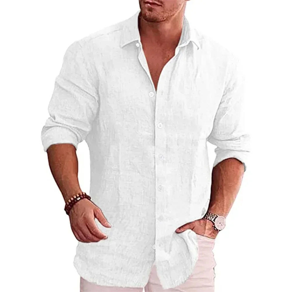 New men\'s cotton linen autumn hot long-sleeved shirt solid colour versatile casual resort style men\'s shirt tops
