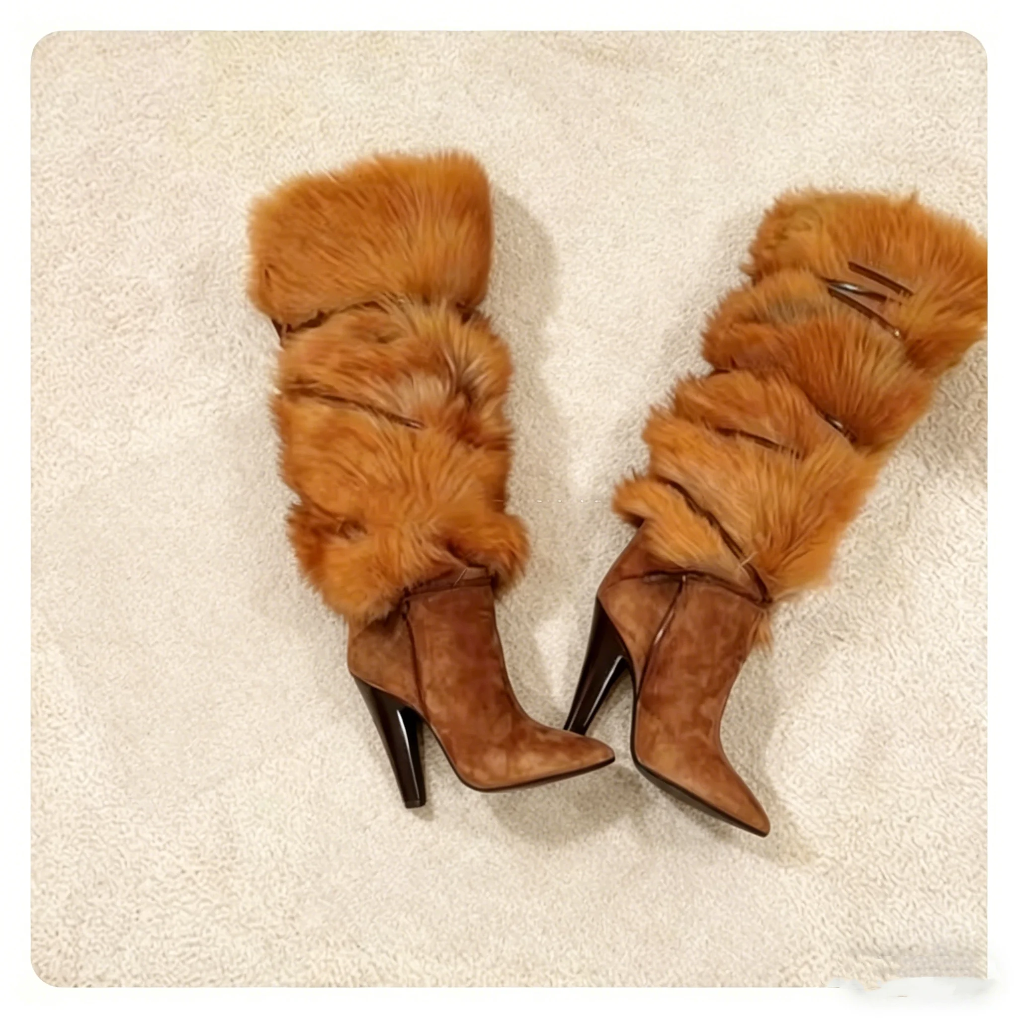 Brown Fur Design Pointed Toe Knee High Boots Fashion Warm Lady Spike High Heels Suede Boots Sexy Women Strappy Shoes