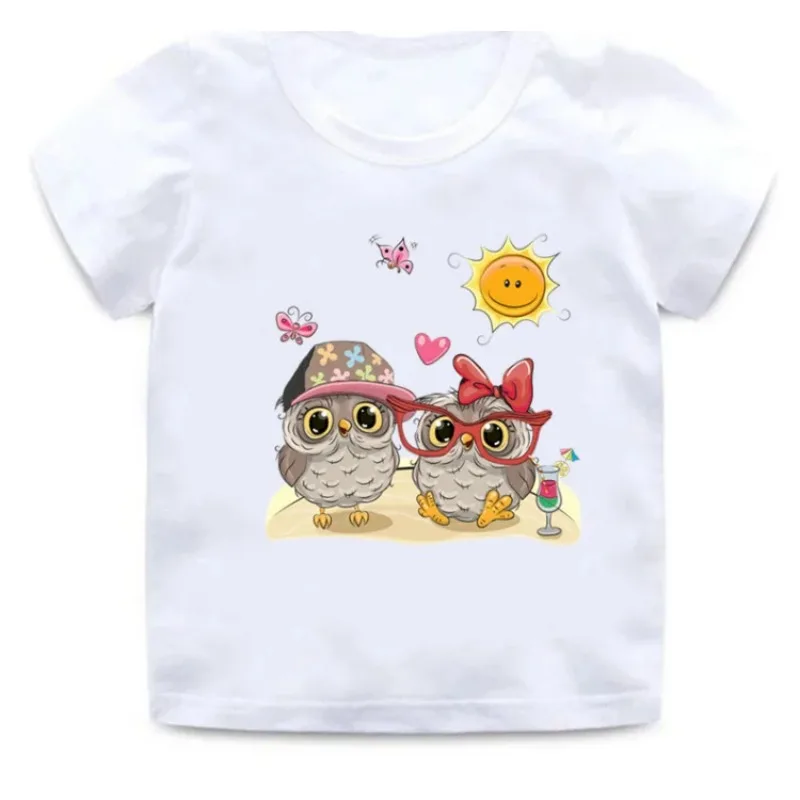 Camiseta de manga corta para niños, ropa con estampado de búho y Animal de dibujos animados, Tops de verano