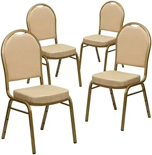 4 Pack HERCULES Series Dome Back Stacking Banquet Chair in Beige Patterned Fabric - Gold Frame