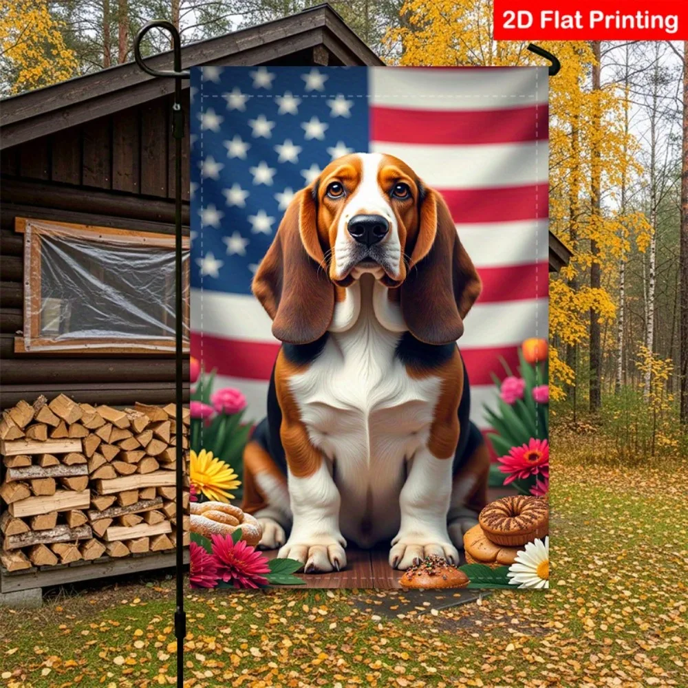 

Двусторонний плоский садовый флаг 2D – ко Дню независимости США (250-й год) – полиэстер с изображением собаки бассет-хаунд, американского флага и цветочным узором – украшение для двора