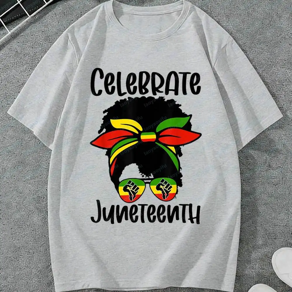 Juneteenth Celebrate Black Woman Graphic T-Shirt Men Women African American Pride Fist Sunglasses Cotton Short Sleeve Tops Gift