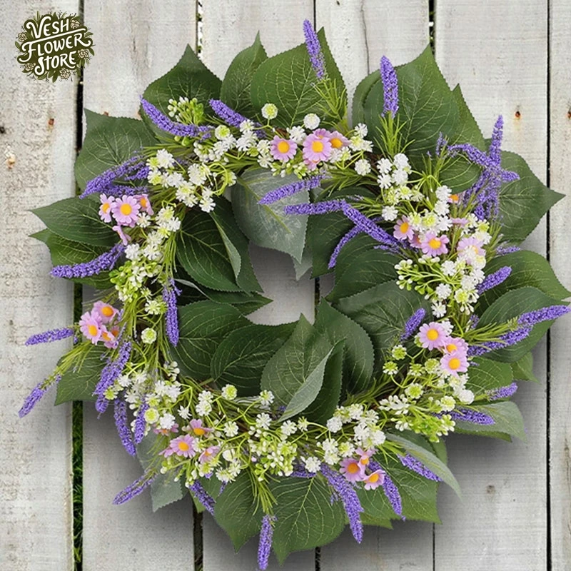 1PC Spring Artificial Green Leaf Lavender Wreath Home DIY Outdoor Patio Door Hang Wedding Party Fence Photography Window Decor