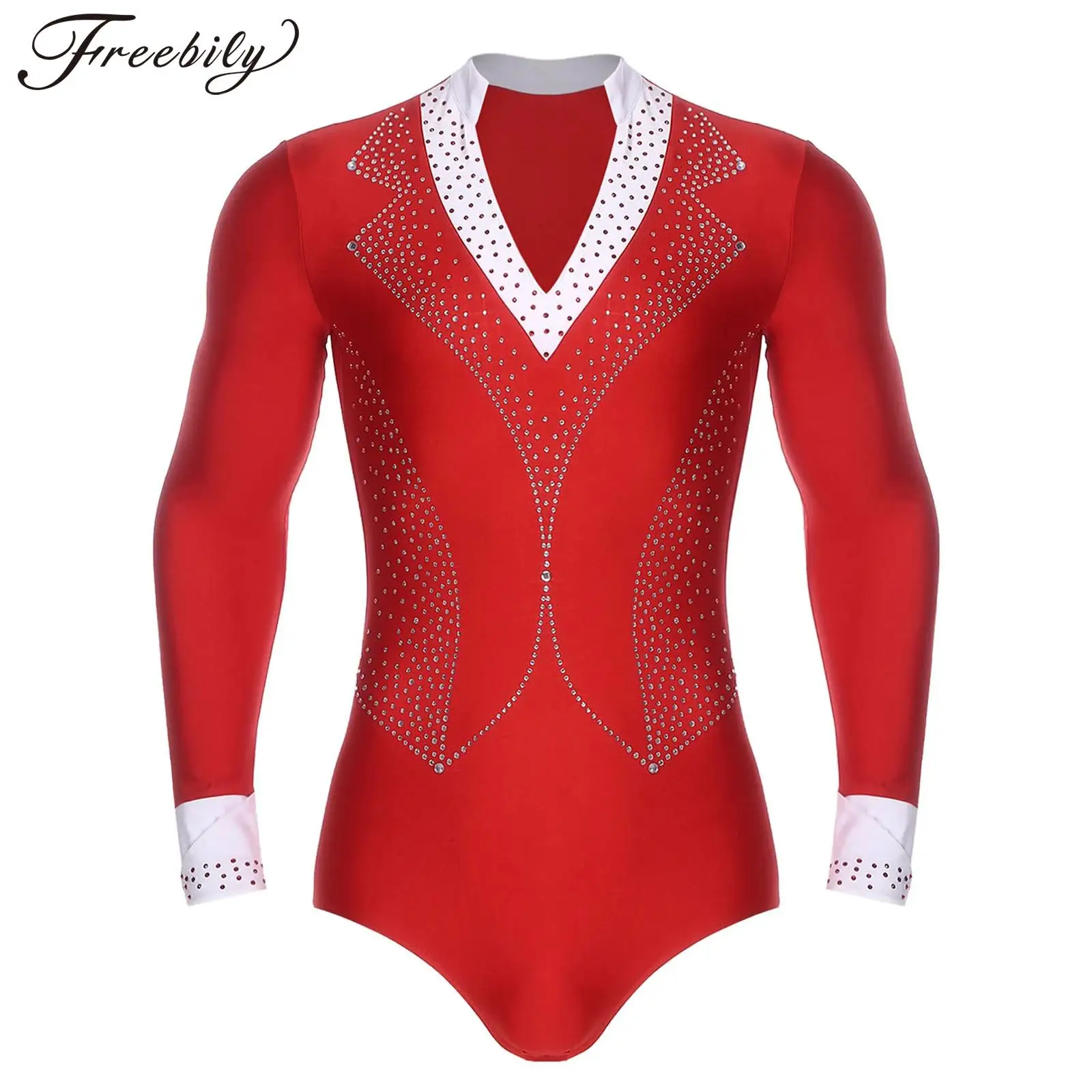 男性ラテンダンスチャチャレオタード長袖光沢のあるラインストーンボディスーツフィギュアスケートバレエタンゴ社交サンバルンバ用
