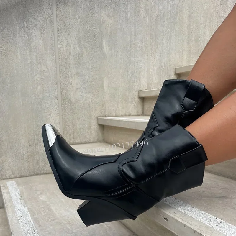 Silver Metal Toe Woman Black Leather Block Short Heel Calf Booties Sporty Graffiti Western Wild Fashion Fretwork Slip Onshoes