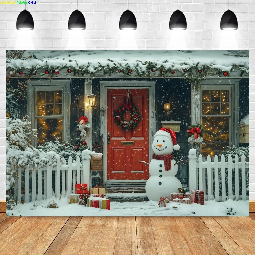 

Christmas Backdrop Decoration Banner Winter Snow Outdoor Wooden Door Kids Family Portrait Decor Xmas Tree Gift Photo Backgrounds