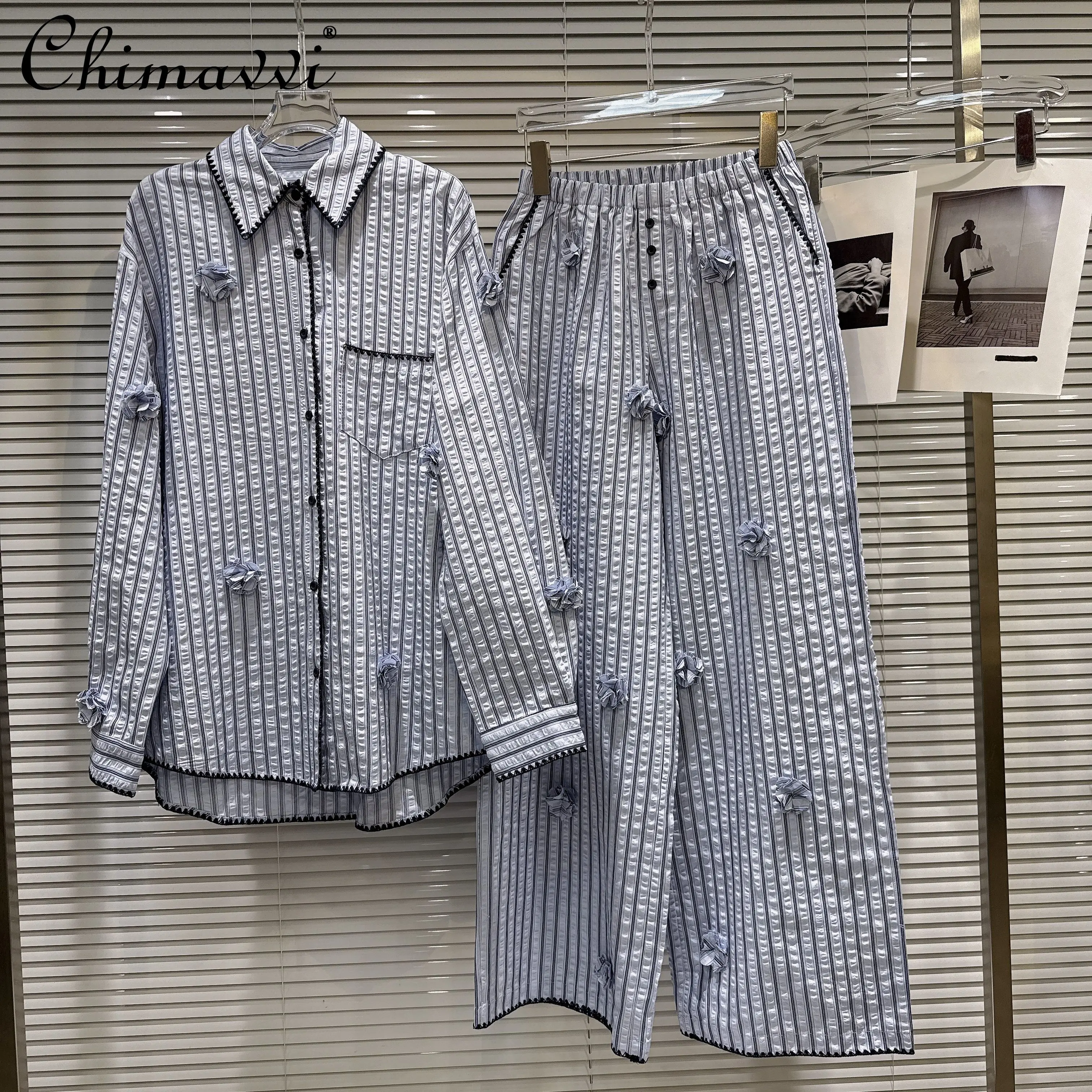 

Fashion Casual 3D Flower Long Sleeve Single-Breasted Striped Shirts Elastic High Waist Loose Wide-Leg Pants Two-Piece Set Women