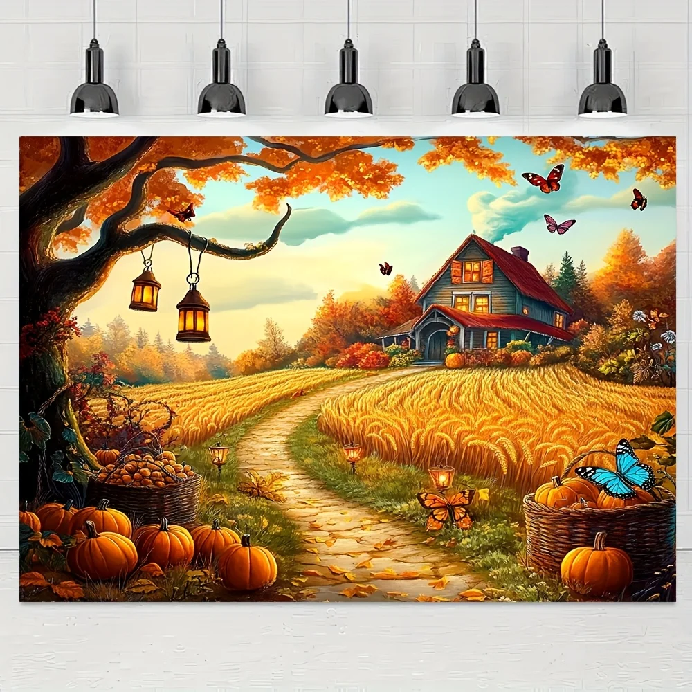 Autumn Harvest Scene with Pumpkin Field Cottage and Lanterns Wall Mural for Living Room Fall Decor Seasonal Home Art