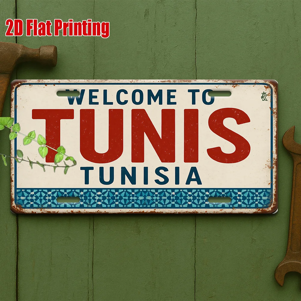 2D Flat, [2D Flat] [], 2D Flat Printing, 1pc, Welcome to Tunis Metal Sign, for Decorationg Only, Outdoor Wall Art (29.97cm * 14.
