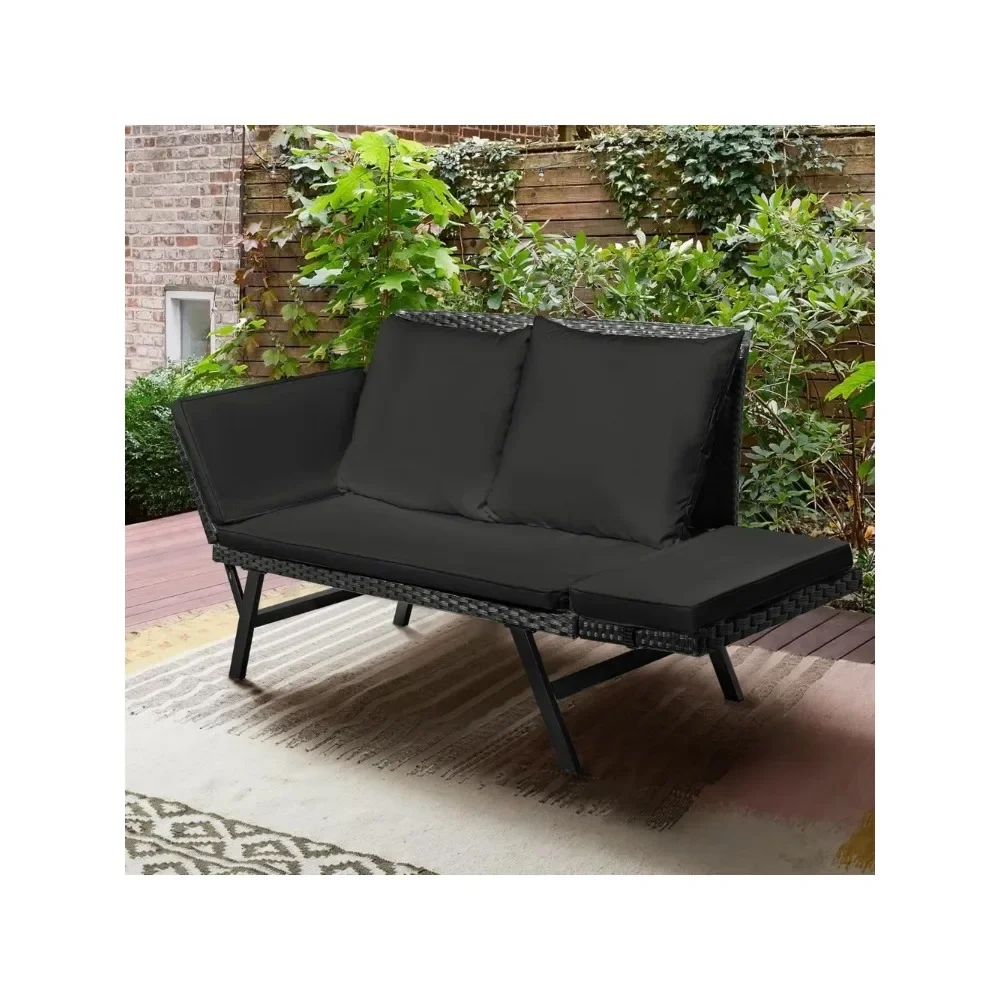 

Outdoor Sofa Rattan Patio Furniture,Convertible Daybed or Double Chair with Adjustable Armrests,Cushions and Pillows for Outdoor