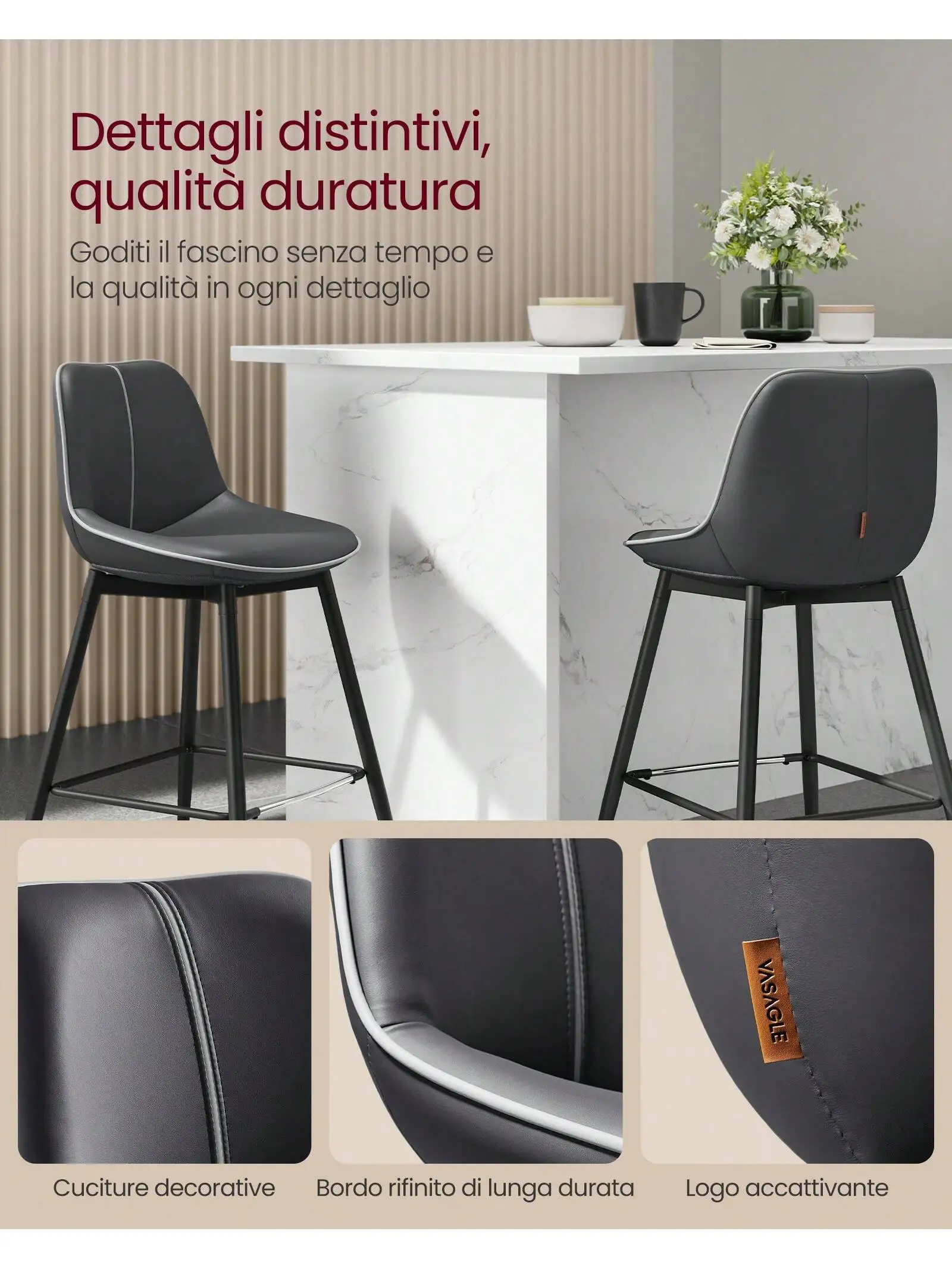 VASAGLE Set di 2 sgabelli da Bar: schienale ergonomico. Tappezzeria in PU, gambe in metallo. Piedini regolabili. 62cm di altezza. Facile montaggio.