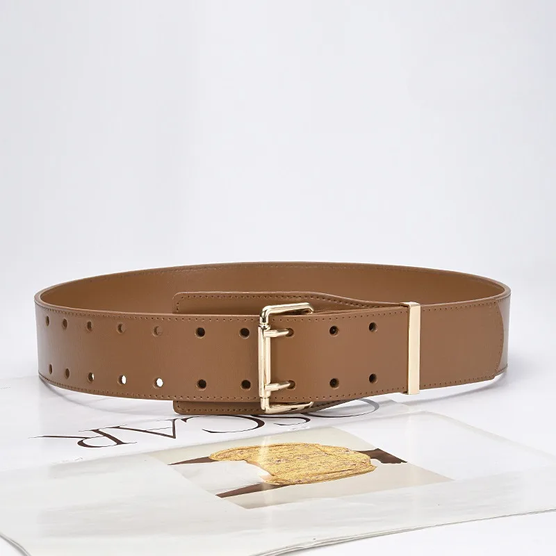 Ladies' leather wide waistband decorative dress with fashionable outer waistband and double needle buckle waistband