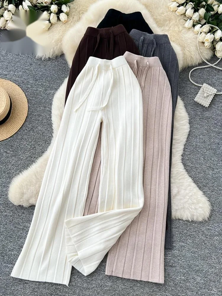 

Осенние ленивые повседневные вязаные брюки женские с эластичной резинкой на талии свободные однотонные теплые базовые широкие брюки толстые длинные брюки