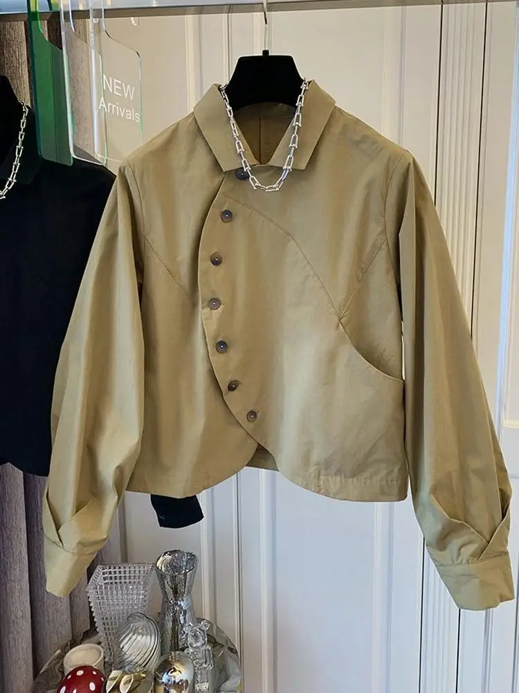 Spring and Autumn New Retro Western Style Short Side Curved Button Shirt with Flip Collar Long Sleeve Cotton Loose Shirt