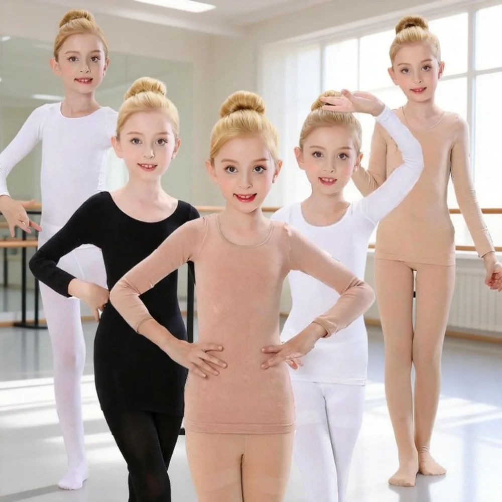 Kids Girls Winter Thermal Underwear Sets Invisible Nude Color Ballet Dance Performance Underwear