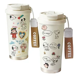 Cartoon Cute Snoopy Anime Peripheral Thermos Cup Women's Heart Stainless Steel Large Capacity Coffee Cup Straw Water Cup Gift