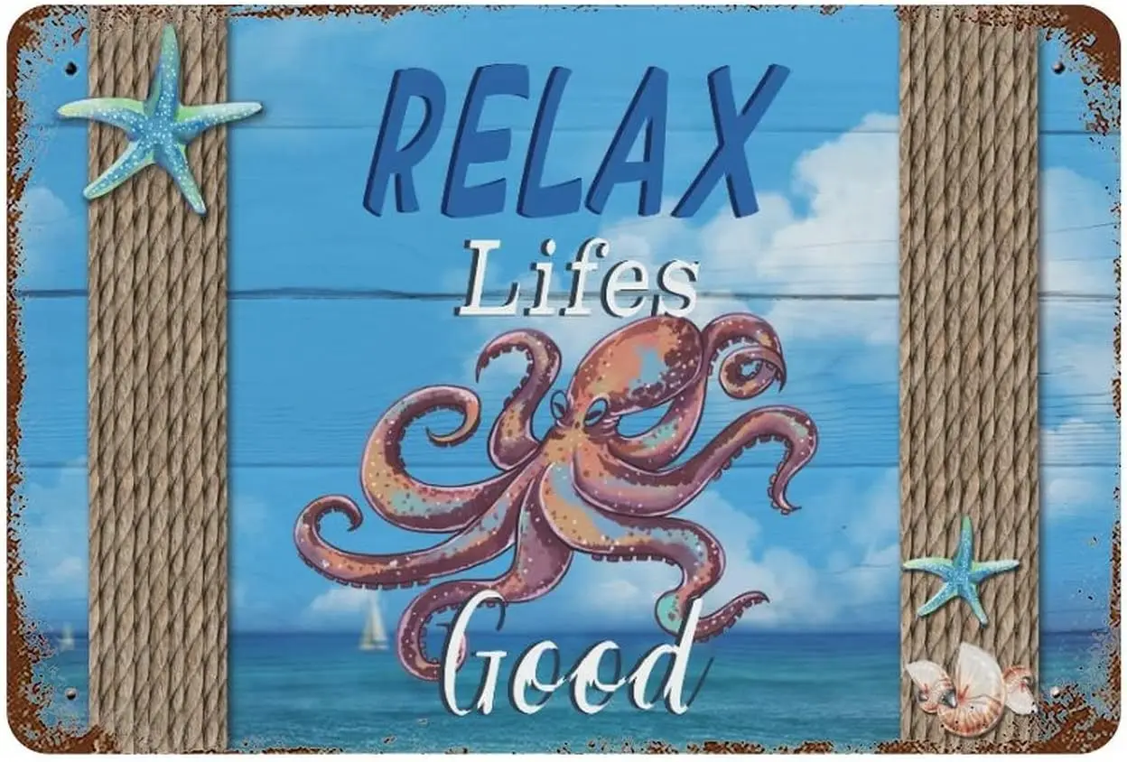 Outdoor Metal Signs Relax Life Good Metal Tin Sign 8x12 Inch Sea Horse and Scallop Retro Metal Vintage Tin Sign Vintage Bar Deco