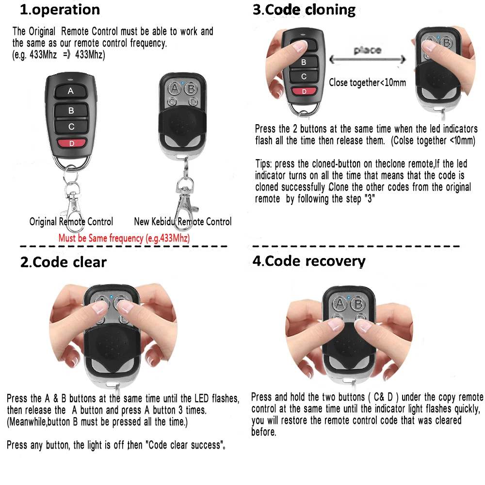 433MHZ 4 Channel Garage Door Opener RF Remote Control With 12V 27A Battery 433.92 Mhz Duplicator Clone Copy Code Free Shippping