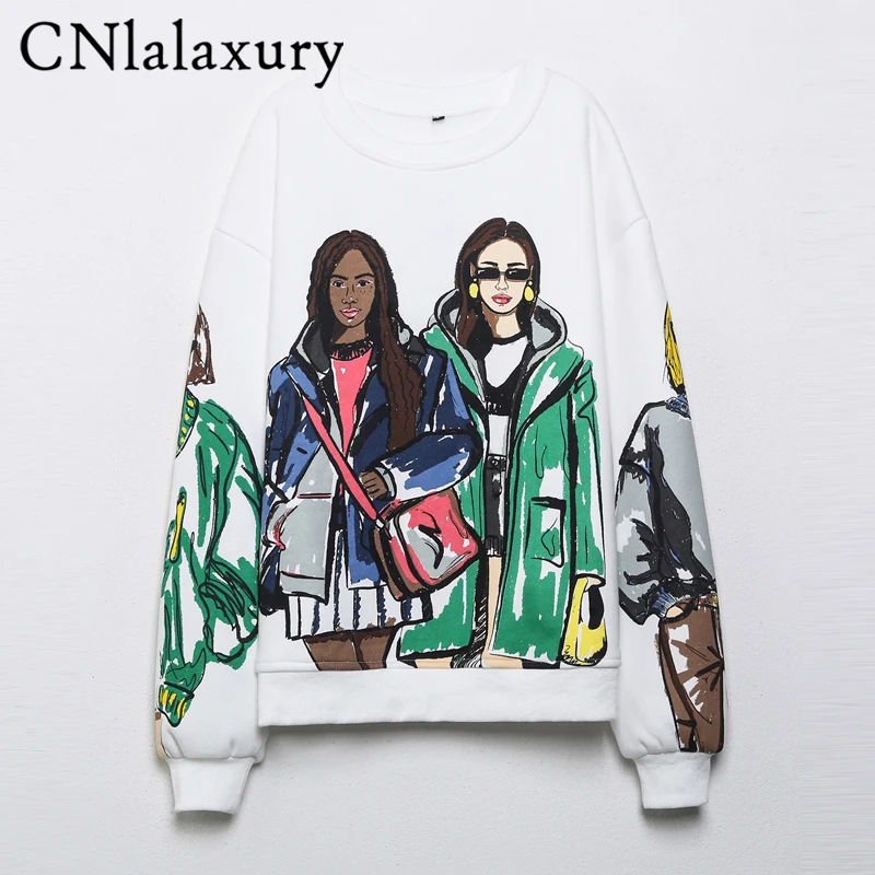 CNlalaxury 2024 Spring Product Women\'s New Fashion Casual Loose Pullover Versatile Round Neck Long Sleeve Printed Sweatshirt