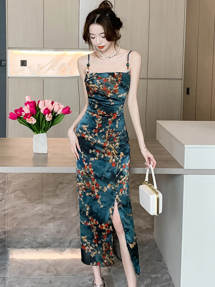 Women Korean Vintage Floral Satin Luxury Long Dress Summer Chic Elegant Sling Sexy Dress 2024 Fashion Bodycon Party Night Dress