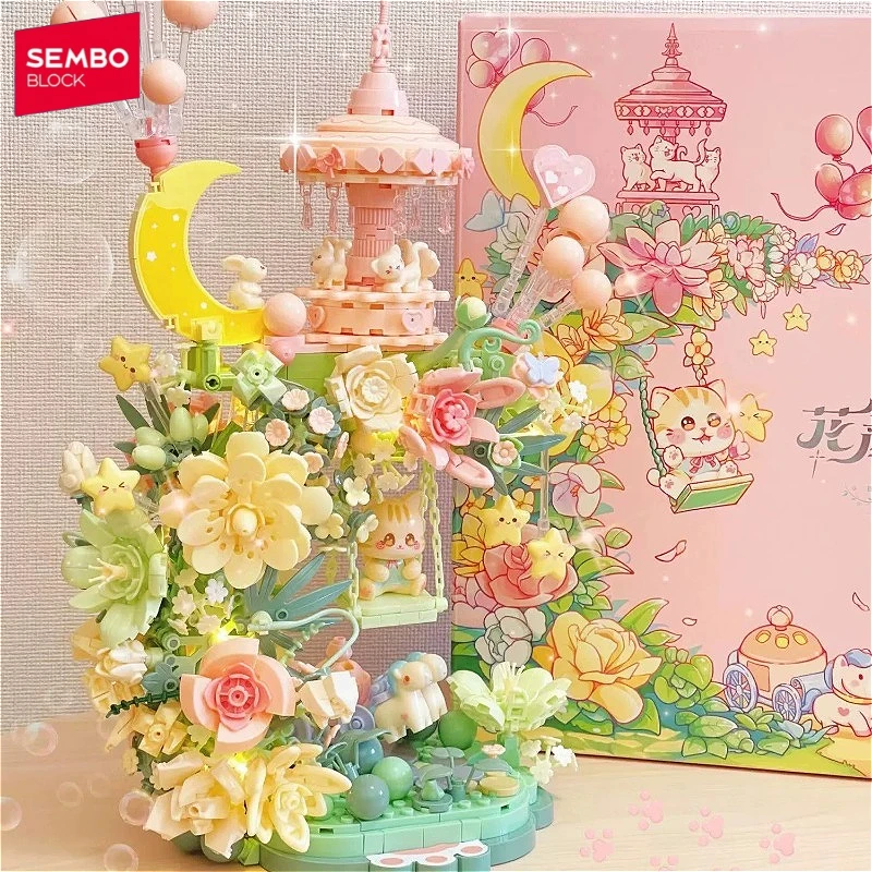 SEMBO-bloques de construcción de ensamblaje de flores fantásticas, modelos de arquitectura, decoraciones de escritorio para el hogar, adornos, regalos para niñas, juguetes