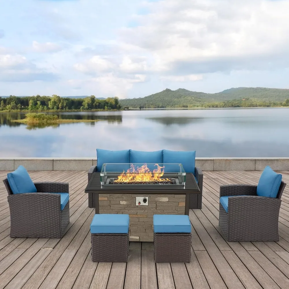 

Propane Fire Pit Table with Wind Guard, Rattan Sofa Table Patio Conversation Set, Ledge-Stone Fire Table