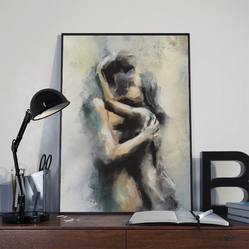 Couple Kiss Hug Abstract Erotic Nude Lovers Embracing Poster Canvas Painting Print Wall Art Picture Bar Club Hotel Home Decor