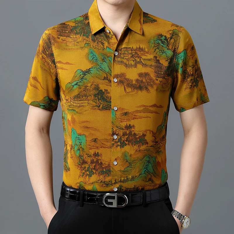 

New Arrival Men's Silk Clothes 2023 Summer Silky Smooth Shirts Fashion Printing Male Social Shirts Short Sleeve Tops