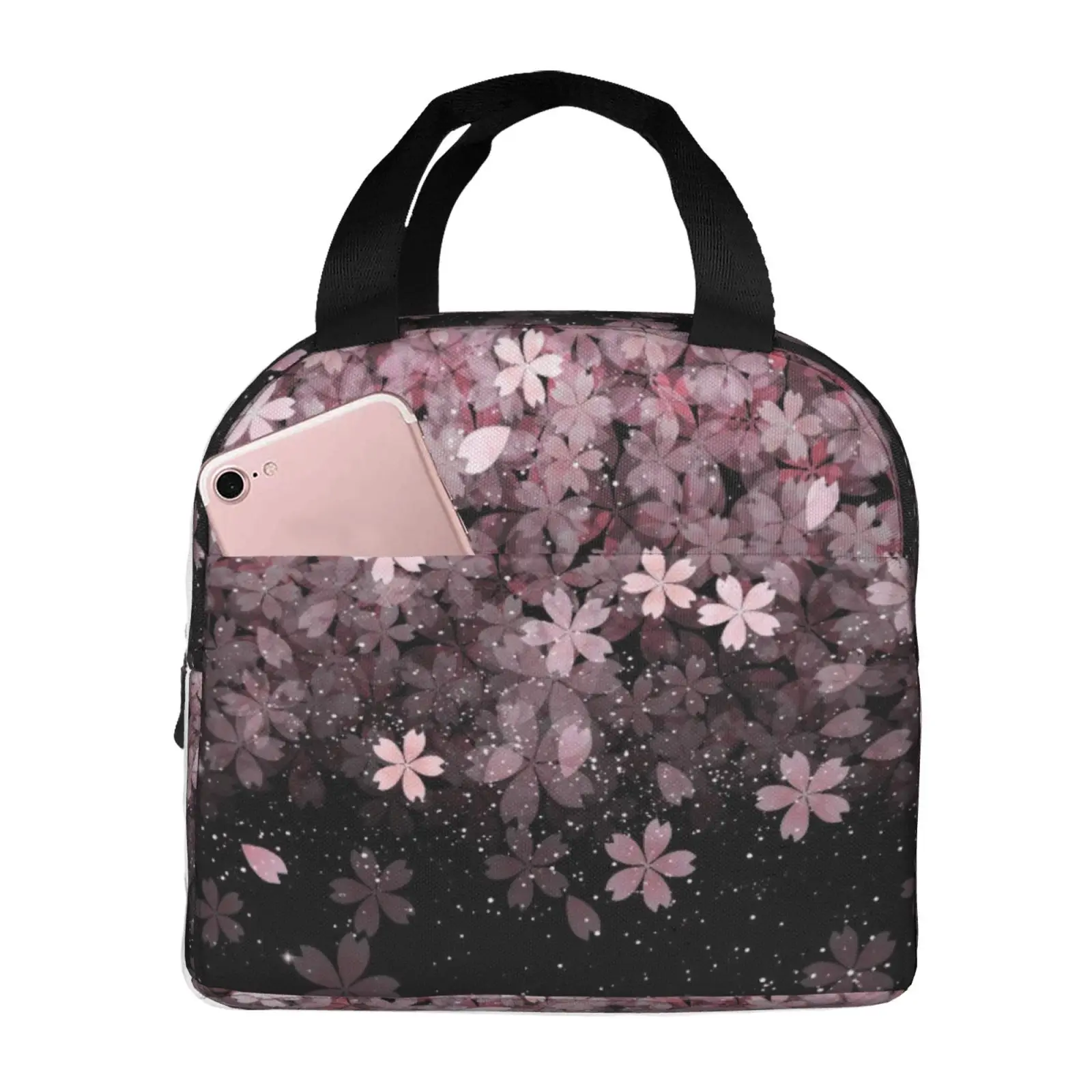 Pink Cherry Blossom Print Portable Lunch Boxes Waterproof Thermal Cooler Food Insulated Lunch Bag Kids School Children