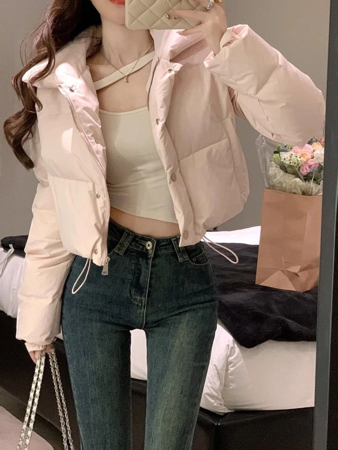 Korejpaa Light Pink Parkas Mujer Korean Fashion Warm Short Jacket Solid Color Long Sleeve Top 2024 Winter Coat Women Clothes