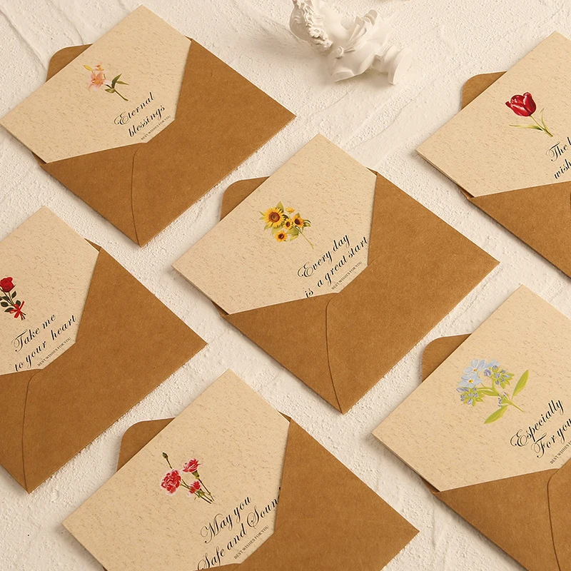 Vintage Floral Kraft Paper Envelopes with Greeting Cards Sealing Sticker New Year Wedding Party Christmas Gift Wrap Envelopes