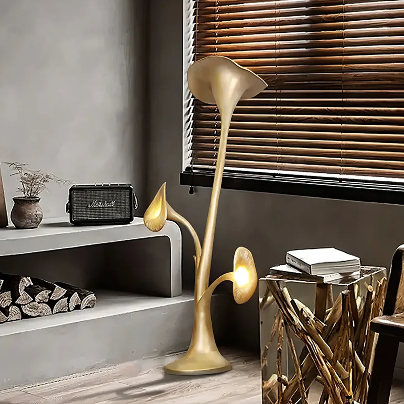 Golden Flower Sculpture Floor Lamp Fiberglass Material Living Room Sales Office Model Room Entrance Abstract Art Ornament
