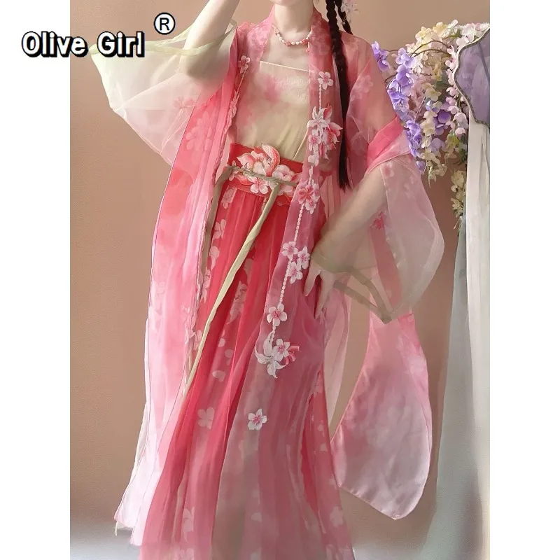 Olivegirl Hanfu Dress Traditional Chinese Clothing Women's Clothing Spring Print Gradient Embroidery Fairy Cosplay