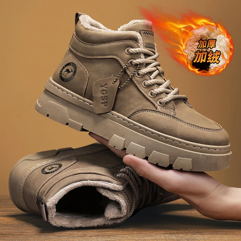 Men Vintage Fleece Lined High Top Work Boots Wind Resistant Outer Skin Anti Slip Sole Warm Casual Boots Street Daily OutfitMatch