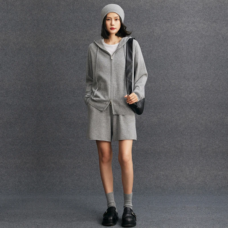 

Women's matching set 100% cashmere zipper hooded cardigan casual solid loose elastic waist rolled edge shorts two-piece set