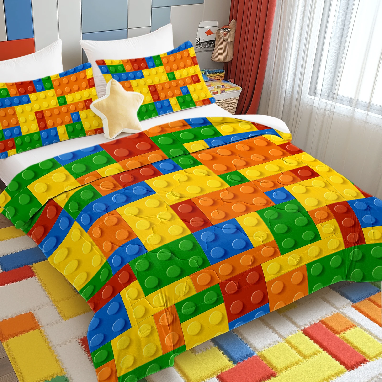 3 pçs colorido engraçado blocos de construção consolador conjunto meninas menino conjunto cama com consolador conjuntos colcha reversível com 2 fronhas travesseiro