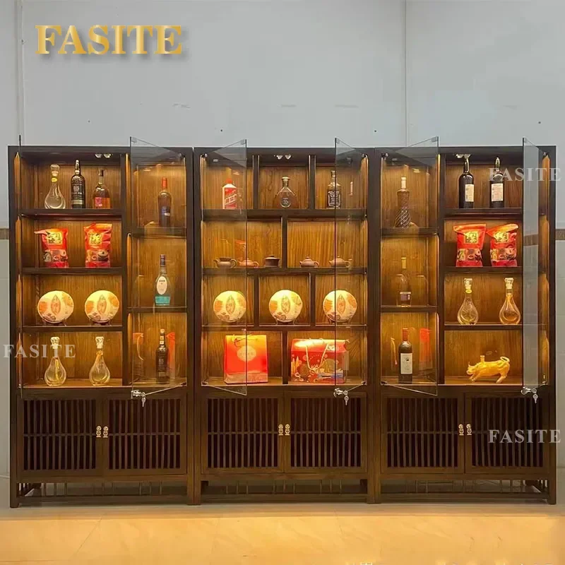For Chinese Modern Solid Wood Glass Door Display Cabinet Bogu Shelf with Lock and Lamp for Tea Set Zisha Pot Wine Storage