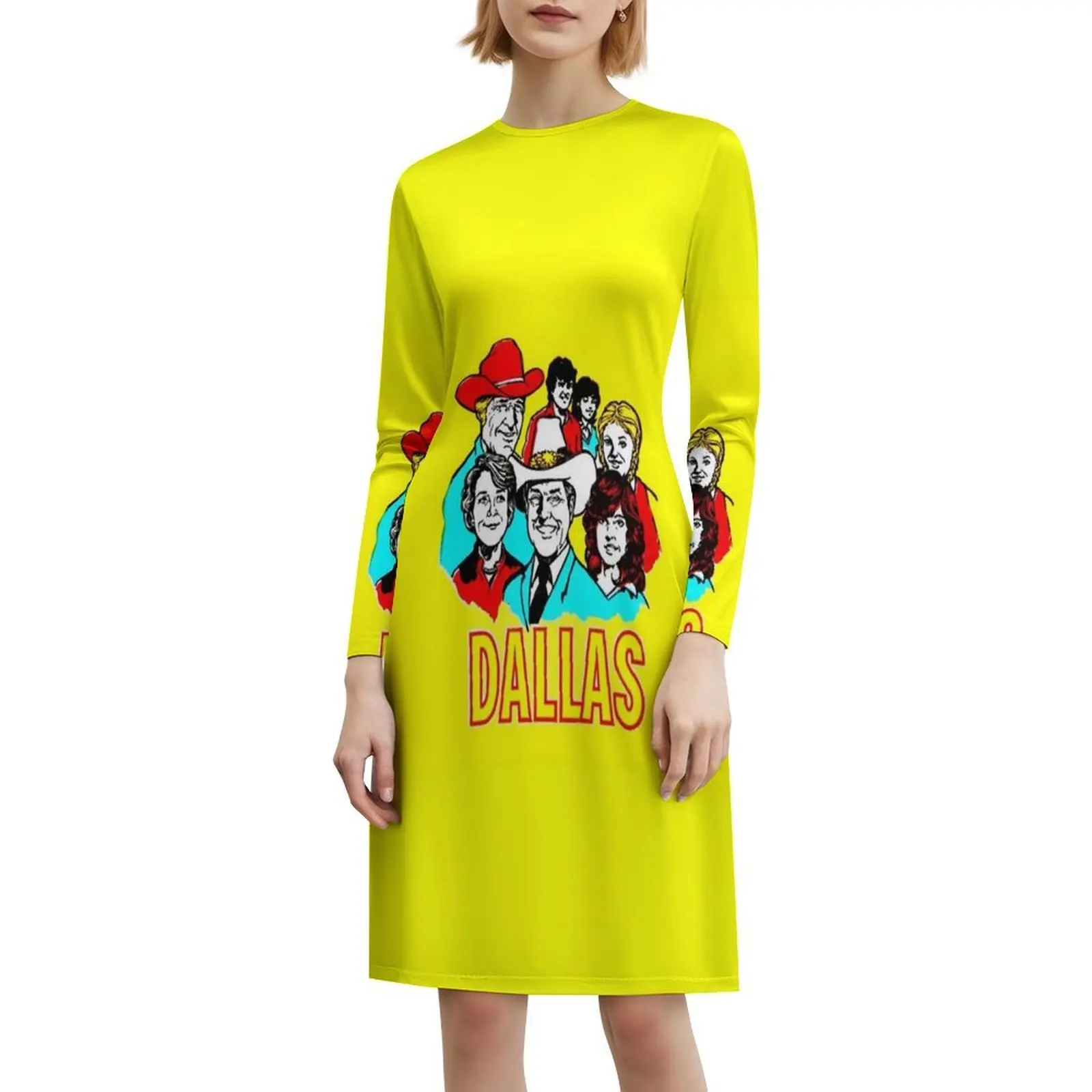 فستان دالاس النسائي الأنيق للحفلات على شكل حرف A مع خيارات قصيرة/طويلة/بدون أكمام دالاس جونيور Ewing Yellow Tv Seventies للسيدات