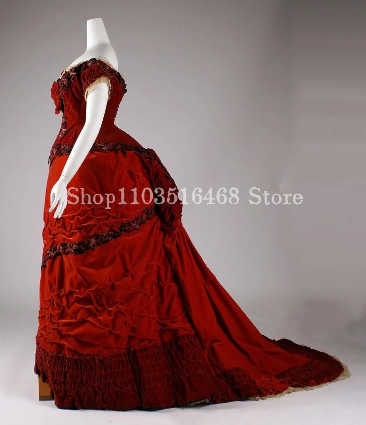 Burgundy Victorian Prom Dress Museum Romantic Strapless Corseted Rose Tie Pleated Strap Train Renaissance Women's فساتين سهرات