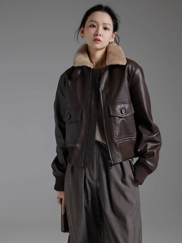 Vintage Kurze Echtes Leder Winter Motorrad Jacken für Frauen High-end Einfache Echt Lamm Pelz Kragen Schaffell Stepp Mantel