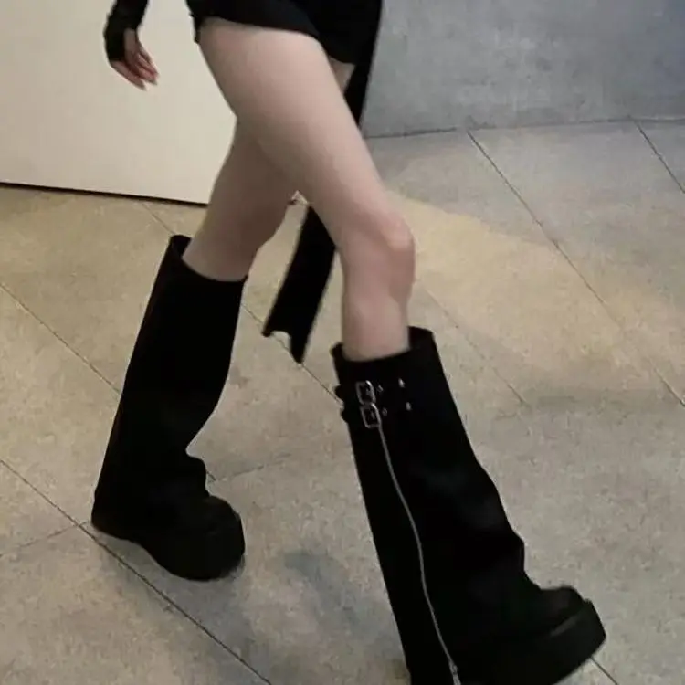 

Сапоги до колена на толстой подошве, длинные сапоги-трубы с боковой молнией и толстой подошвой, однотонные металлические сексуальные модные сапоги