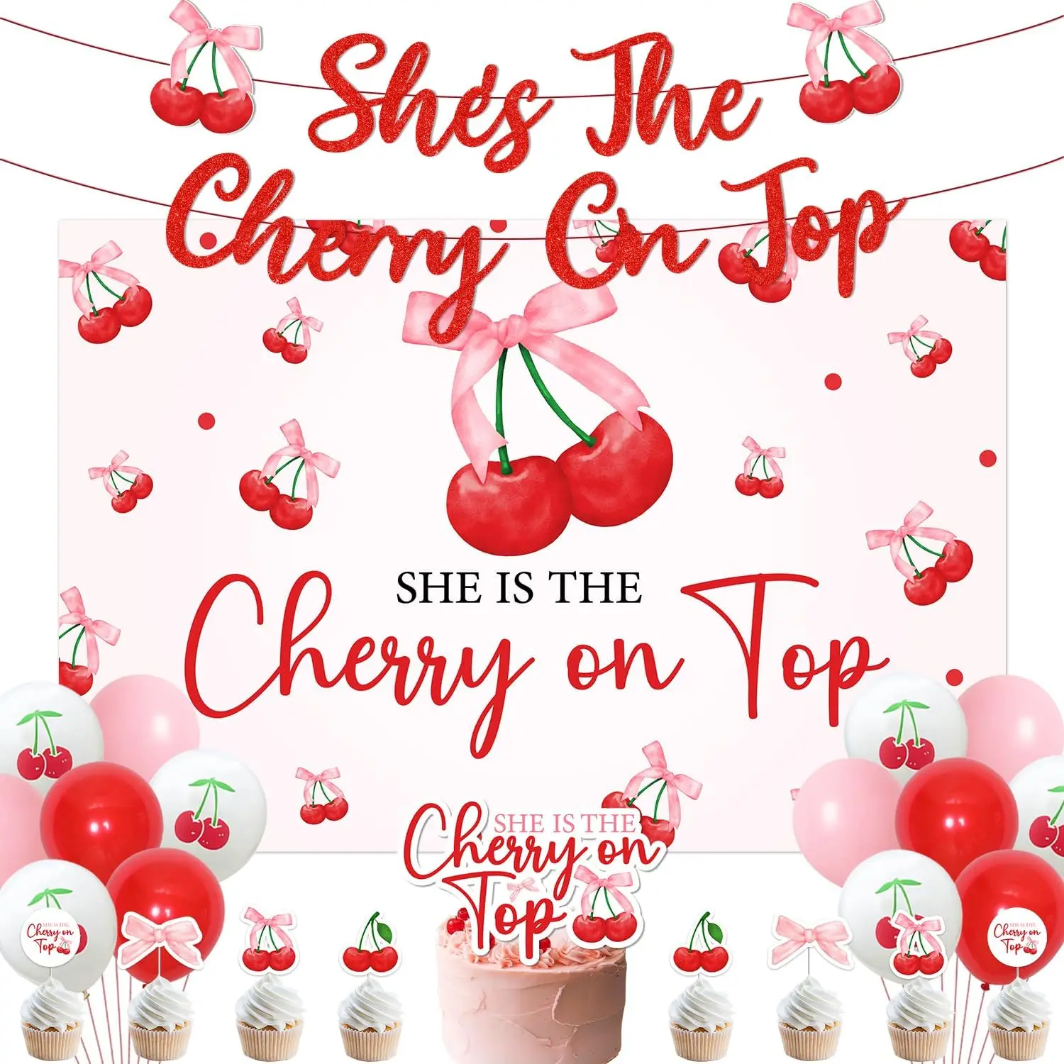 

Kreatwow Red Coquette Cherries Decorations Set Fruit Theme Bridal Shower Backdrop Banner Balloon Sweet Girl Engagement Supplies