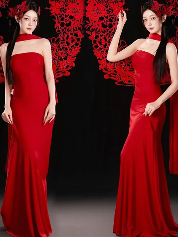 

Red Vintage Chinese Style Art Photo Studio Portrait Dress Personalized Gown Photography Costume Female Adult Polyester Fiber