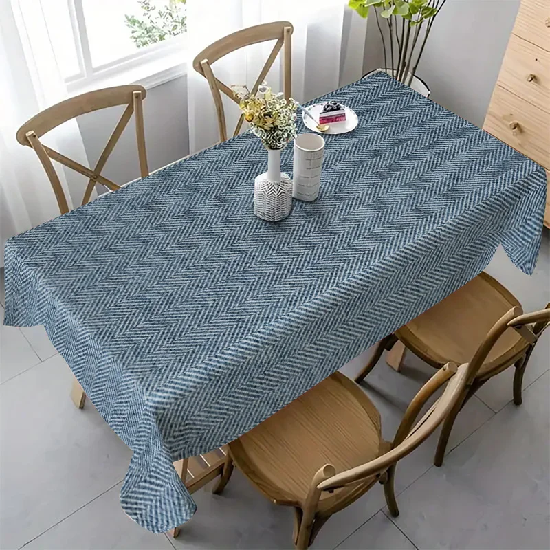 North European four-season rectangular tablecloth, featuring a solid color texture of the dark blue checker pattern as the desig