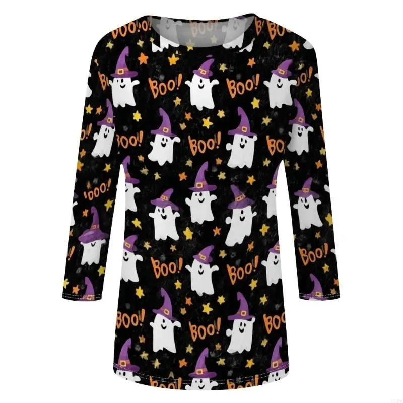 Halloween Shirts for Women Fall Halloween Funny Graphic 3/4 Sleeve Tops Crewneck Vintage Castle Horror Tees 6XDA